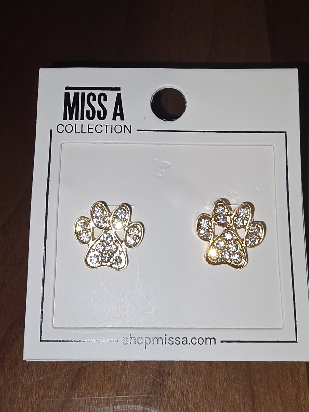 Gold Paw Print Crystal Stud Earrings, NEW